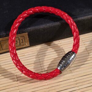Braided Thick Red Vegan Leather Magnetic Clasp Bangle Bracelet